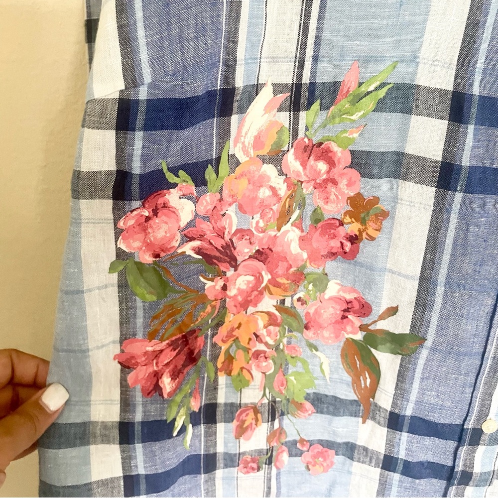 Ralph Lauren Floral and Blue Plaid Linen Women's Top - Picture 4 of 8